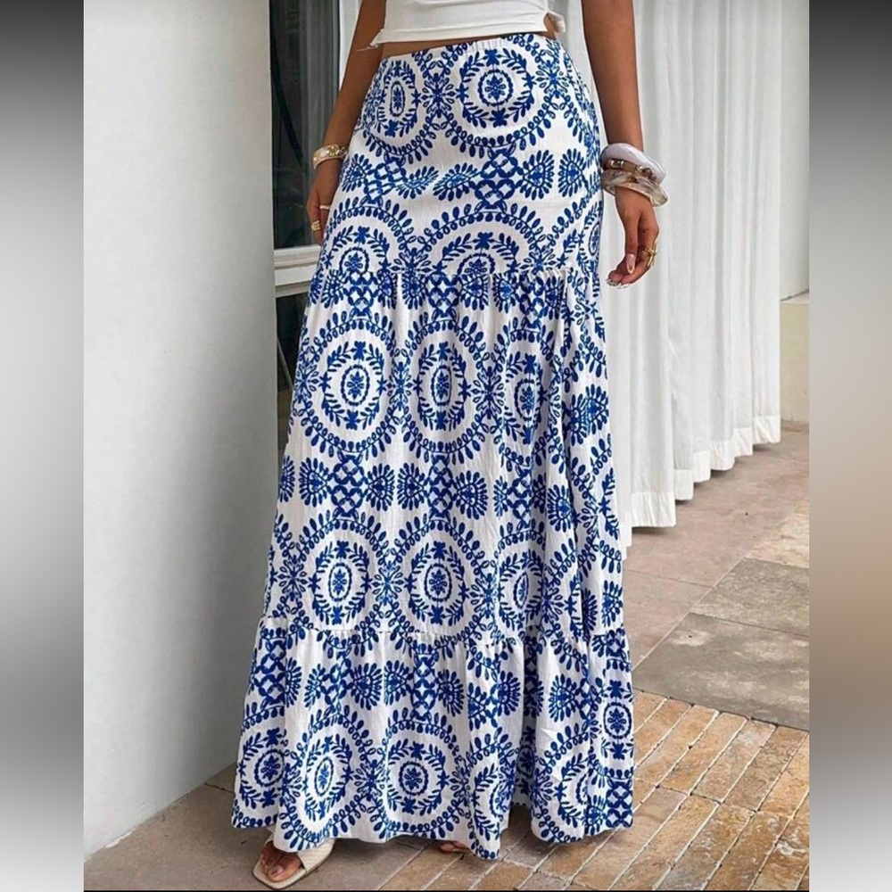 Blue and White Printed Maxi Skirt (NWOT)